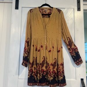 Free People Camel Brown Paisley Border Long-Sleeve V-neck Boho Dress